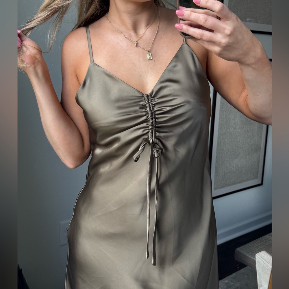 Sleek Satin Ruched Olive Green Midi Slip Flowy Dress - Picture 6 of 9